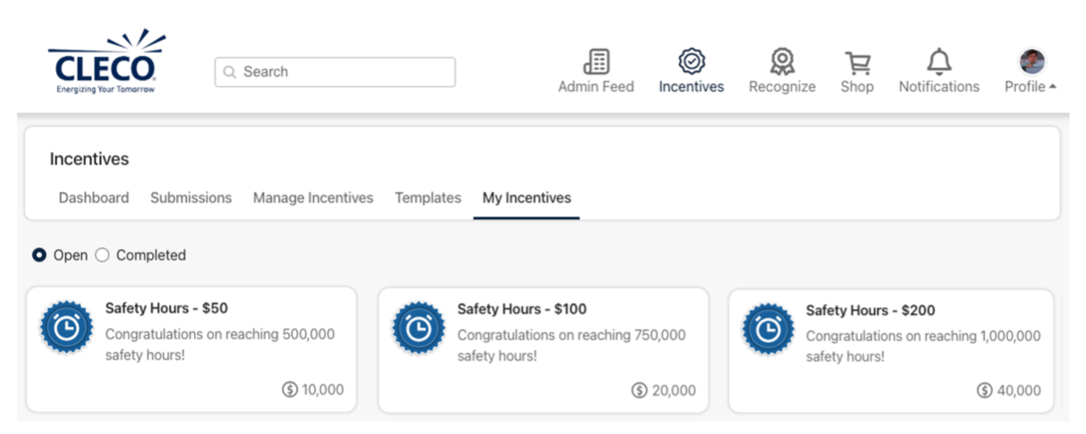 Incentives home screen showcasing open Incentives for Cleco/